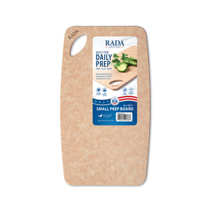 Rada Small Prep Board in a light wood color, shown with its retail packaging label on a plain white background.