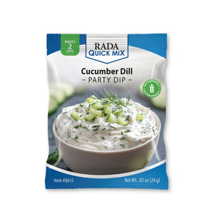 A single packet of Rada Quick Mix Cucumber Dill Party Dip on a plain white background. The packaging is blue, white, and green, featuring a photo of the prepared dip in a bowl.