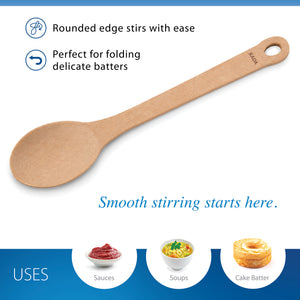 Rada's Everyday Stirring Spoon shows on a white background with text highlighting its rounded edge for stirring and uses for sauces, soups, and folding delicate batters.