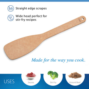 Rada's Heavy-Duty Saute Spoon on a white background with callouts highlighting its straig scraping edge and wide head for stir-fry recipes. Icons showing uses for sauces, stir-fries, and ground beef.