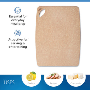 Essential Prep cutting board is shown on a white background with the text 'Essential for Everyday Meal Prep' and 'Attractive for serving and entertaining.' Icons near the bottom show uses with produce, proteins, and charcuterie.