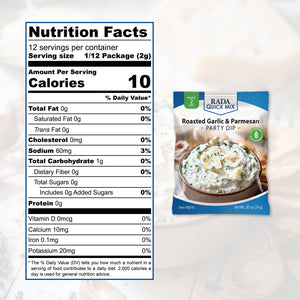 Rada Quick Mix Roasted Garlic & Parmesan Party Dip packet displayed next to the product Nutrition Facts label on a white background.