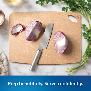 The Essential Prep Board from Rada shown on a white marble surface with a silver chef's knife, sliced red onion, parsley, and a small bowl of sale. A blue text banner at the bottom reads 'Prep beautifully. Serve confidently.'