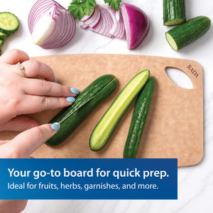 A person cuts cucumber on Rada's Small Prep Board, with sliced red onion, cucumber pieces, and blue text banner reading 'Your go-to board for quick prep. Ideal for fruits, herbs, garnishes, and more.'