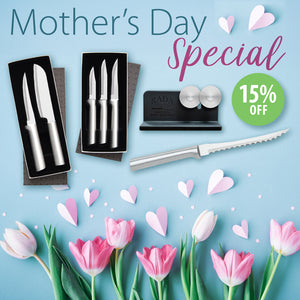 Promotional image for Rada Cutlery with knives, a stand, and Mother's Day flowers on a blue background.