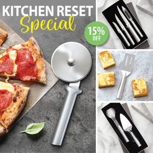 Promotional image for a kitchen reset special with pizza cutter, cheese, and cutlery.