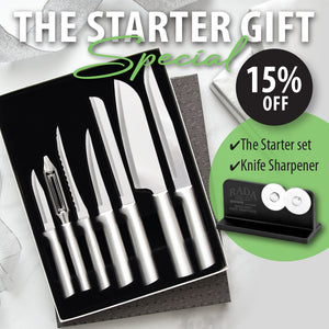 Promotional image for The Starter Gift Special, showcasing a set of stainless steel knives and a knife sharpener, with text highlighting a 15% discount and including items in the set.