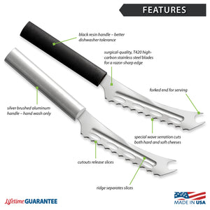 Silver and Black Cheese Knives with labeled features on a white background