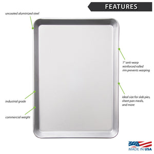 A Half Sheet baking pan from Rada shown on a white background with callout labels pointing to features such as uncoated aluminized steel, industrial grade, commercial weight, 1-inch anti-warp reinforced rim, and ideal size for slab pies, sheet pan meals, and more. A 'Made in USA' badge appears at the bottom right.