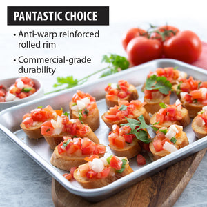 The Quarter Sheet baking pan from Rada is shown with bruschetta bread topped with tomatoes and herbs on a wood cutting board. Callouts appear highlighting the pan's anti-warp rolled rim and commercial-grade durability.