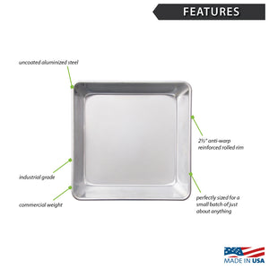 Rada's Square Pan shown on a white background with callout labels pointing to features such as uncoated aluminized steel, industrial grade, commercial weight, 2 1/4" anti-warp reinforced rolled rim, and perfectly sized for a small batch. A 'Made in USA' badge appears at the bottom right.