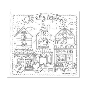 Coloring book page showing three buildings and several birds going about human activities. Love Thy Neighbor. Matthew 22:39