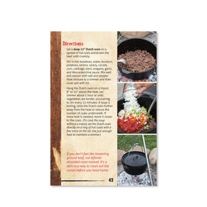 Page 43 has directions for Vegetable Beef Soup. Photos show a dutch oven during several steps in the cooking process.
