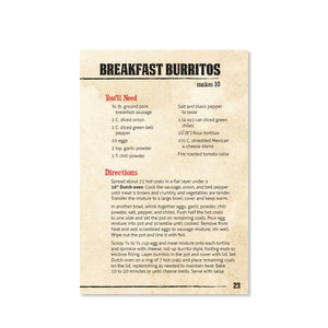 Page 23 has a recipe for Breakfast Burritos. Shows ingredients and directions, makes 10.