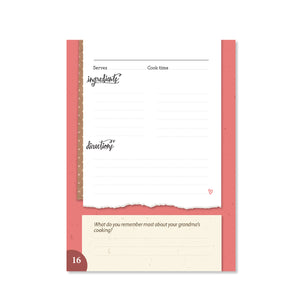 Sample page with a space to write in a recipe. Includes a question at the bottom with room to write an answer.