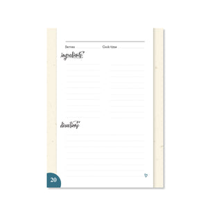 Sample page with a space to write in a recipe. Includes sections for ingredients, directions, cook time, and servings.