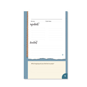 Sample page with a space to write in a recipe. Includes a question at the bottom with room to write an answer.