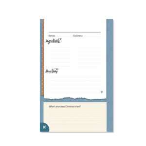 Sample page with a space to write in a recipe. Includes a question at the bottom with room to write an answer.