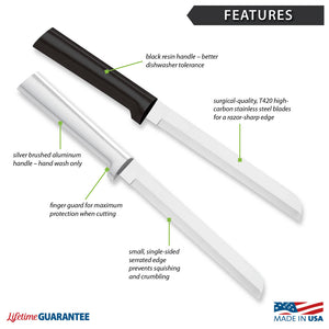 Features diagram for 6" Bread knife with Made in USA and Lifetime Guarantee logos.