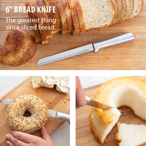 Knife by bread, slicing a bagel & angel food cake. 6" bread knife, the greatest thing since sliced bread.