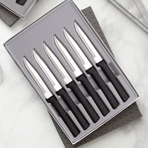 Six Serrated Steak knives Gift Set with black handles in gift box.