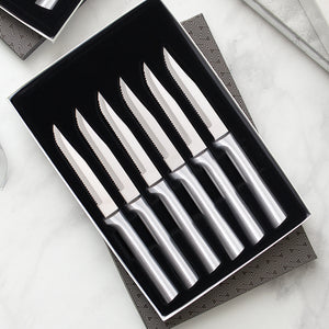 Rada Cutlery Six Serrated Steak Knives Gift Set with silver handles in black-lined gift box.