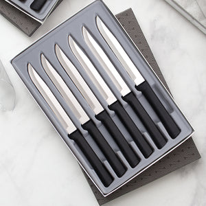 Six Utility/Steak Knives Gift Set with black handles in gift box.