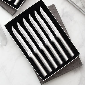 Rada Cutlery Six Utility/Steak Knives Gift Set with silver handles in black-lined gift box.