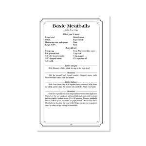 Page 56 has a recipe for Basic Meatballs. Shows required tools, ingredients, and directions for Mommy and Little Helper.