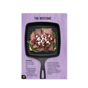 Page 14 has a recipe for "The Beefcake" sandwich. Includes ingredients and instructions.