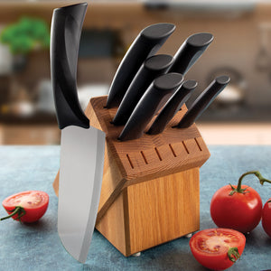 Rada Cutlery Anthem Oak Block Gift Set with black handles in wood block base.
