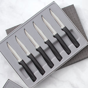 Rada Cutlery Anthem Serrated Steak Set showing knives with black handles in gift box.