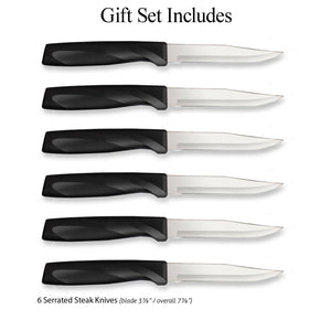 Illustration of knives in Anthem Serrated Steak Set; Made in USA and Lifetime Guarantee logos