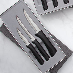 Rada Cutlery Anthem Slice & Pare Set showing knives with black handles in gift box.
