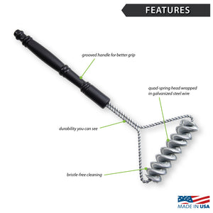 Rada Cutlery Grill Brush with grooved handle, bristle-free cleaning, and a quad spring head.
