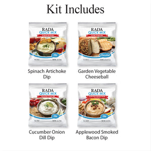Kit includes: Spinach Artichoke Dip, Garden Vegetable Cheese Ball, Cucumber Onion Dill Dip, Applewood Smoked Bacon Dip