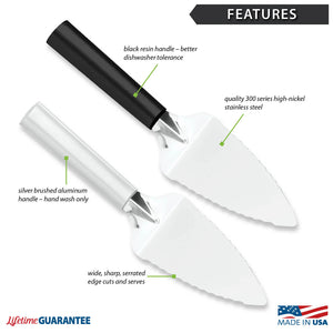 Features diagram for Serrated Pie Servers with Made in USA and Lifetime Guarantee logos.