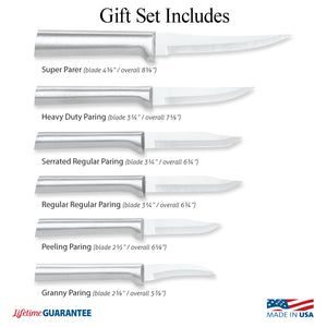 Illustration of All Star Paring Gift Set knives with Made in USA and Lifetime Guarantee logos