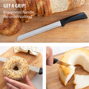 Bread knife by a sliced loaf of bread, slicing a bagel and angel food cake. Get a Grip! Ergonomic handle. No-crush cutting.