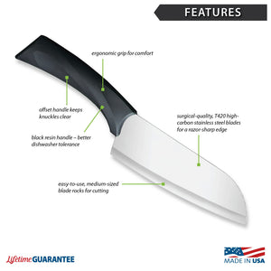 Features diagram for Anthem Wave Cook's Knife with Made in USA and Lifetime Guarantee logos