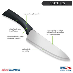 Features diagram for Anthem Wave French Chef Knife with Made in USA and Lifetime Guarantee logos.