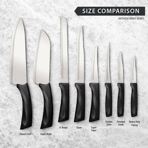 Rada Cutlery Anthem Wave Knife handle knives laid side by side for size comparison.