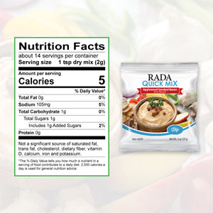 Nutrition Facts: 14 servings per container, serving size 1 tsp. dry mix. Calories per serving 5, total fat 0g, sodium 105 mg.