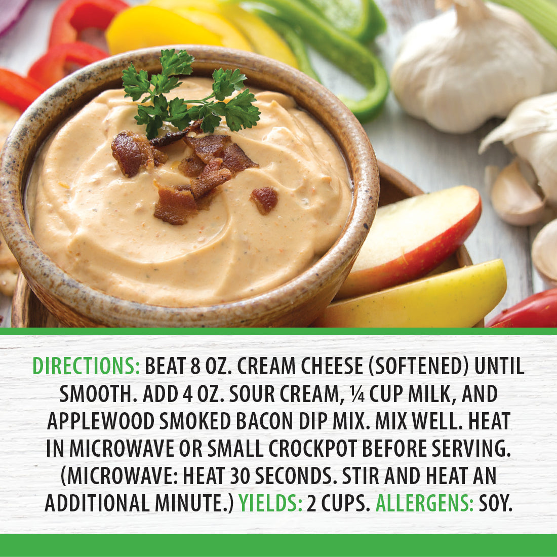 Applewood Smoked Bacon Dip served with crackers and vegetables. 