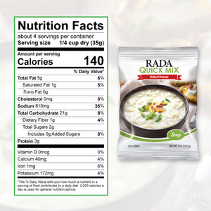 Baked Potato Soup mix. Nutrition Facts about 4 servings per container, serving size 1/4 cup dary. Calories per serving 140.