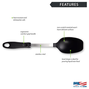 Features of a Rada Basting Spoon, non-scratch materials, ergonomic handle, bowl shape for pouring liquid.