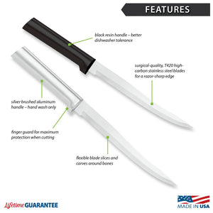 Features diagram for Carver/Boner Knife with Made in USA and Lifetime Guarantee logos.