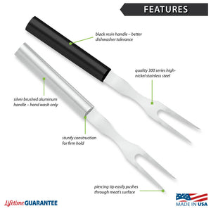 Features diagram for Carving Forks with Made in USA and Lifetime Guarantee logos.
