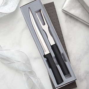 Rada Carving Gift Set with black handles with carver knife and carving fork in gray-lined gift box.