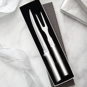 Rada Cutlery Carving Gift Set with silver handles in a black-lined gift box.